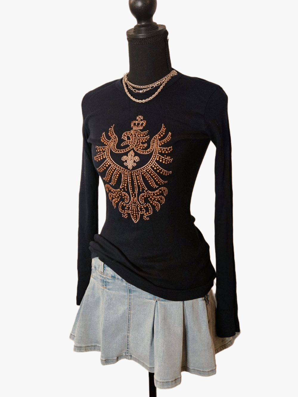 Vintage Y2k Sledge Metallic Embellished Crest Black Long-Sleeve Top!